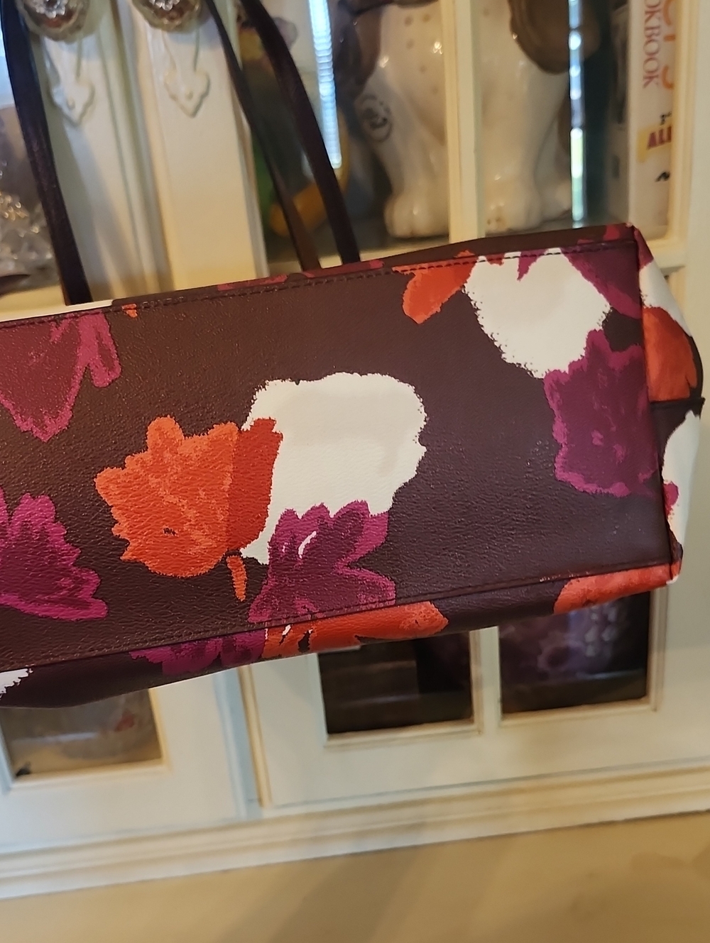 Coach Brown Floral Leather Tote with Pink, Orange & White Blossoms - Picture 6 of 9